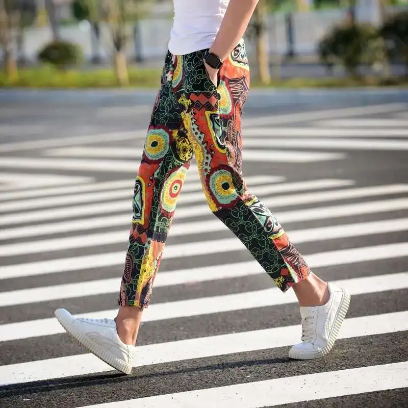 여름 남성 면 및 린넨 인쇄 졸라매는 끈 발목 길이 바지, 아시아 크기 M-6XL 남성 슬랙스