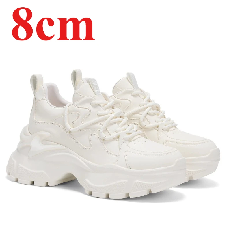 

Europe White Elevated Shoes Women's 8cm Casual Sports Daddy Shoes Breathable Genuine Leather Thick Soled Height Increasing Shoes