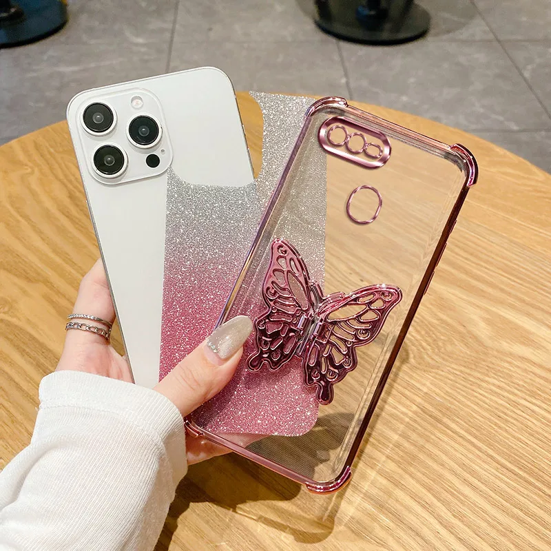 

Case For Oppo A7 2018 F19 F27 F11 A5x A11k A12 A8 A31 A9x Luxury Glitter Butterfly Holder Four Corner Anti-Shock Back Cover