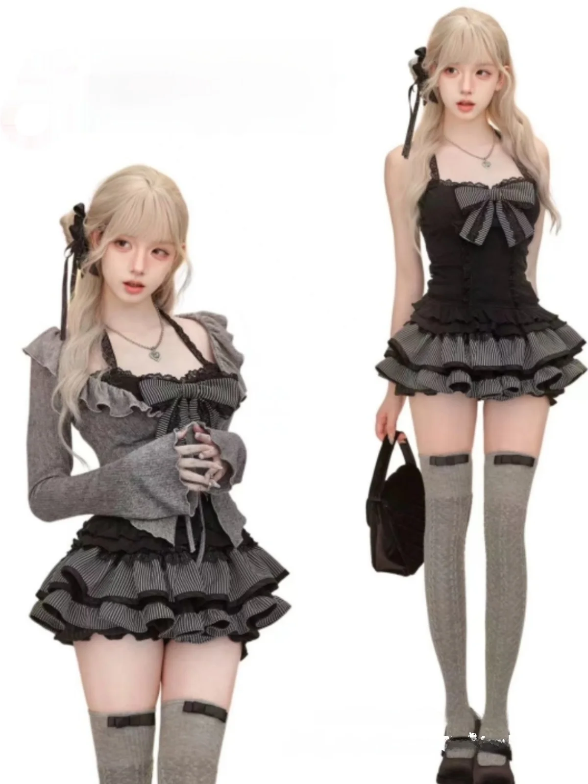 

Sweet And Spicy Chic Black Lace Splice Crop Top with Grey Slimming Cardigan And Cake Skirt Set for Young Women Autumn Fashion