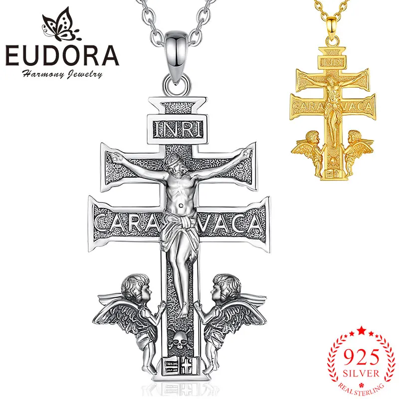 Eudora 925 Sterling Silver Caravaca Cross Necklace 18K Gold Jesus Angel Skull Pendant Religious Amulet Christian Fine Jewelry