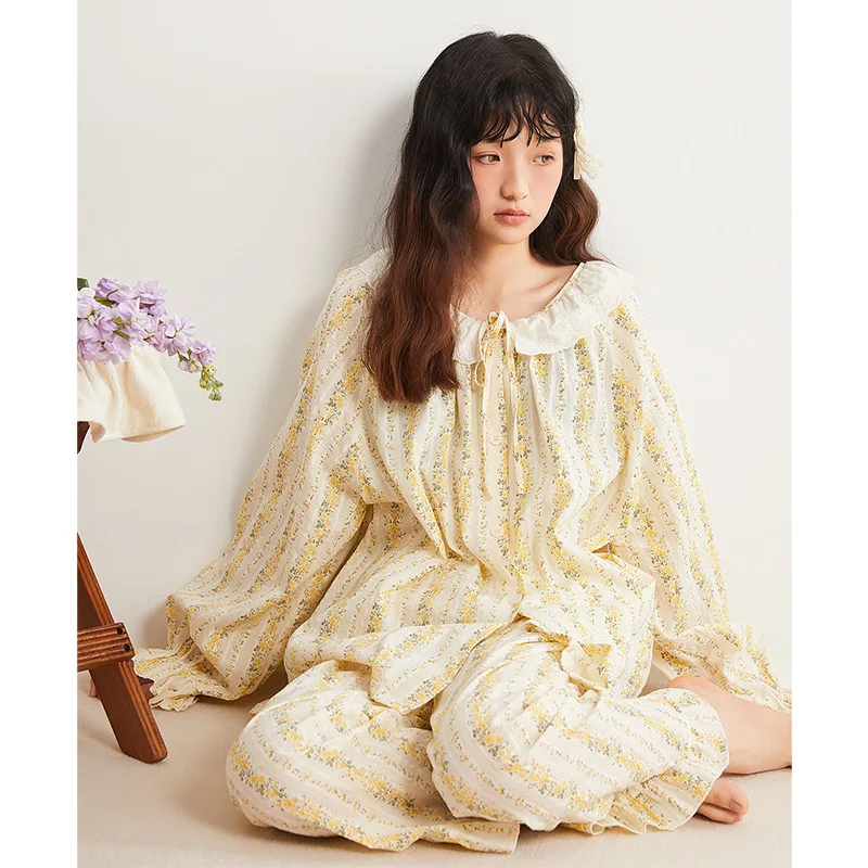 الربيع والخريف جديد منامة المرأة القطن الخالص جولة الرقبة سترة أصفر مخطط زهرة ملابس المنزل يمكن ارتداؤها في الخارج #1