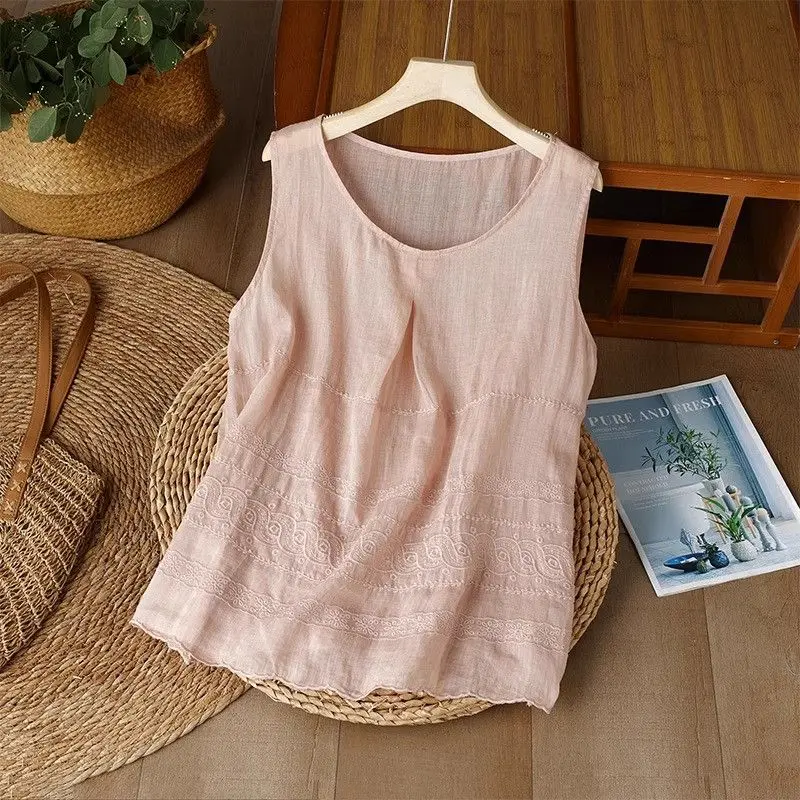 Cotton and Linen Embroidered Tank Top for Women Summer Slim Fit Sleeveless Large Size Cotton and Linen Base Shirt Top