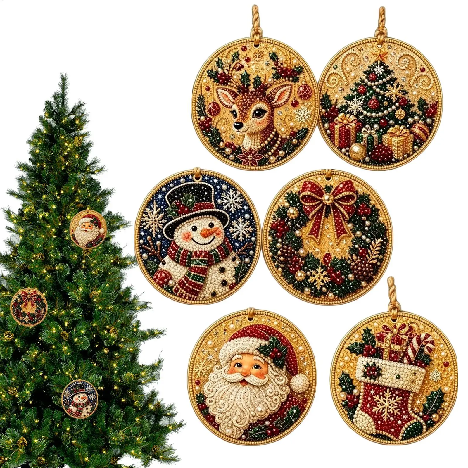 Christmas Pearl Art Ornament Kit 6 Pieces Wood Holiday Tree Pendants DIY Rhinestone Painting Set for Beginners Professionals