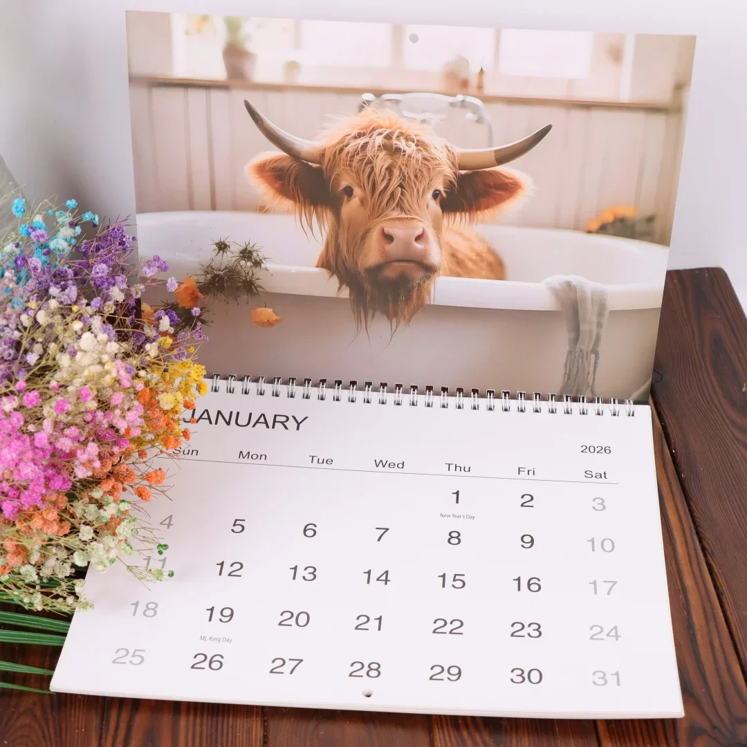 Календарь Highland Cow на 2026 год, ежемесячный планировщик и органайзер для расписания, настенный календарь, забавные подарки для вечеринок для друзей