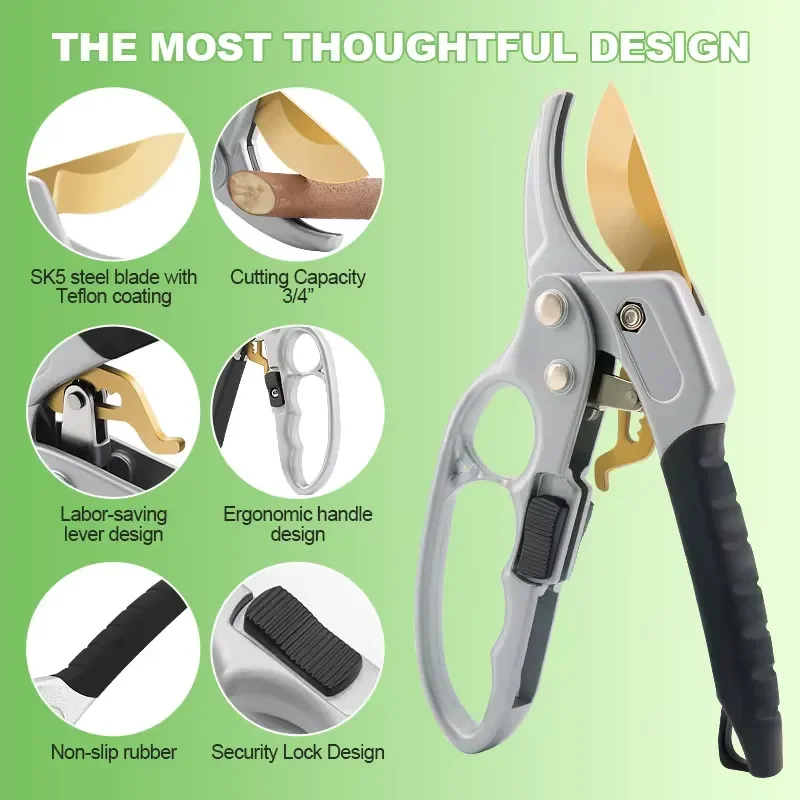 SUNSHINE Garden Pruning Shear High Carbon Steel Scissors 8'' Gardening Plant Scissor Branch Secateurs SK-5 Blade