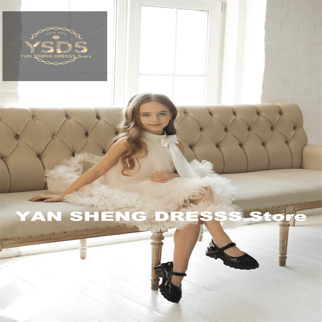 Customized Flower Girl Dress Ivory Tulle Puffy Sleeveless With Bow For Wedding Elegant Child First Eucharistic Birthday Party Dr