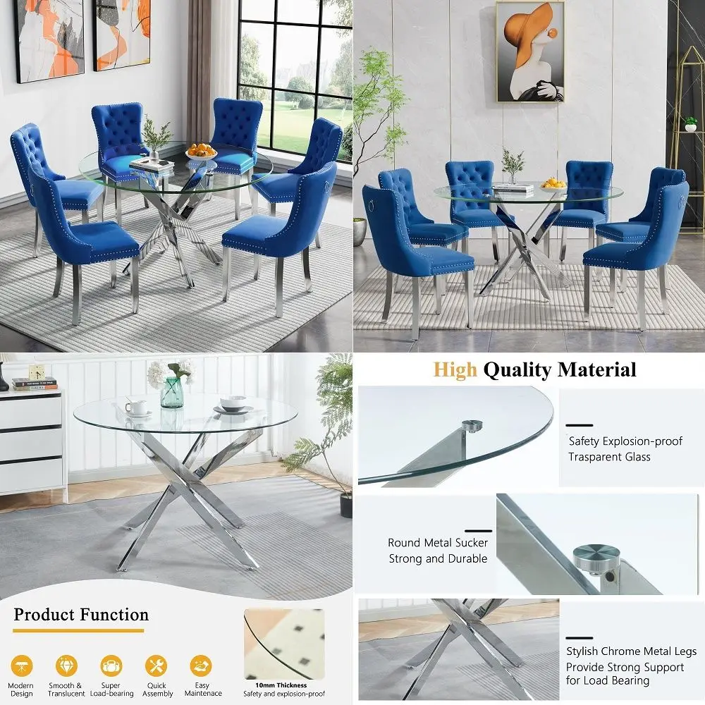

Glass Dining Table Set for 6, Small Kitchen Table Set for 6, 47 Round Glass Table and Navy Blue Velvet Tufted Chairs Set of 6,