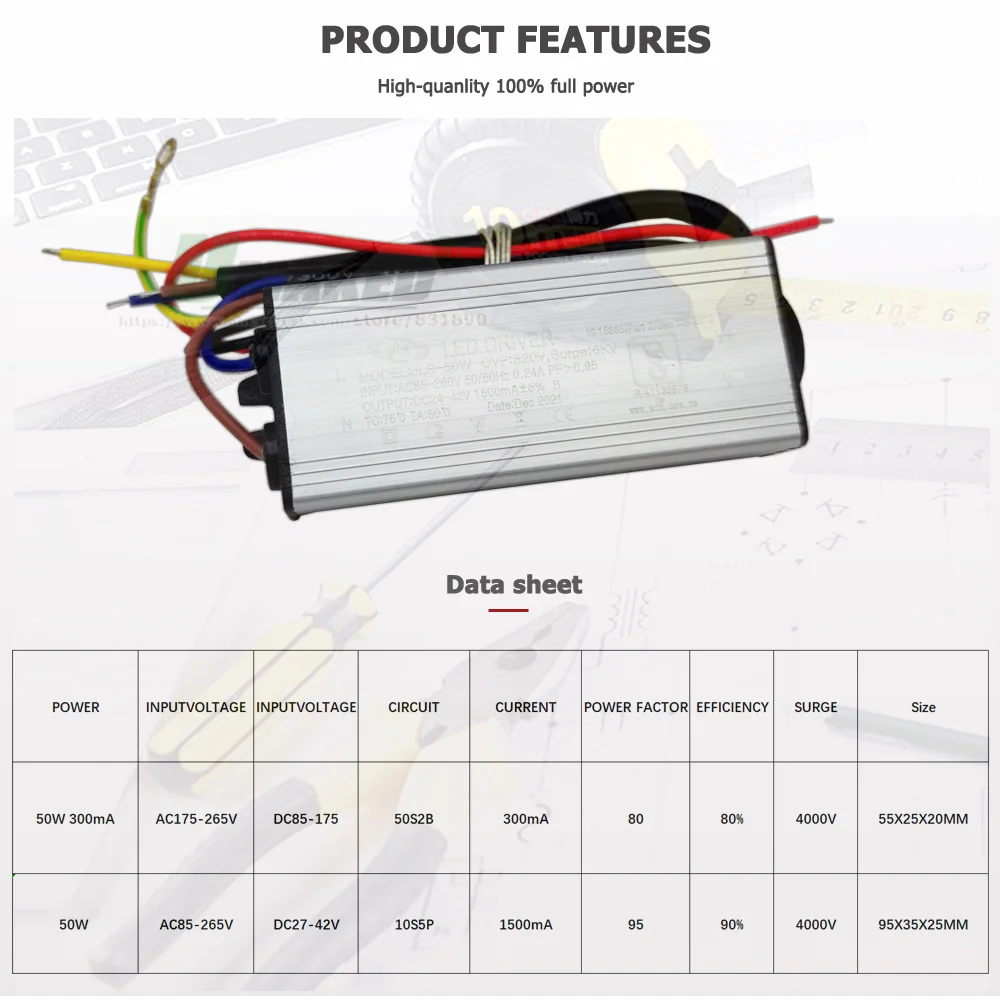 50W Waterproof Driver 1500mA/300mA IP65 LED Lighting Transformer Power Supply Floodlight Spotlight Source Input 85-265V To AC DC