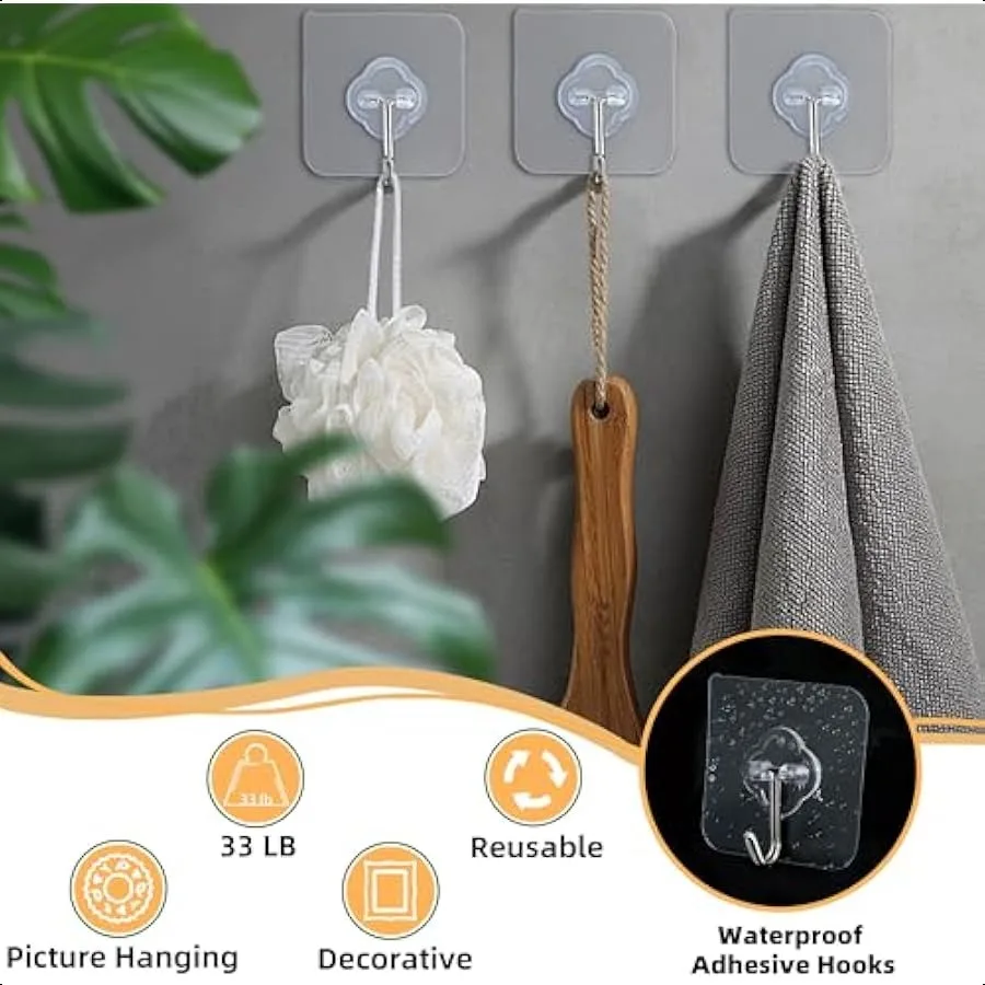 Adhesive Wall Hooks for Hanging 50 Pack Heavy Duty Stainless Self Sticky Hooks Waterproof and Rustproof Clear Self Adhesive Uti