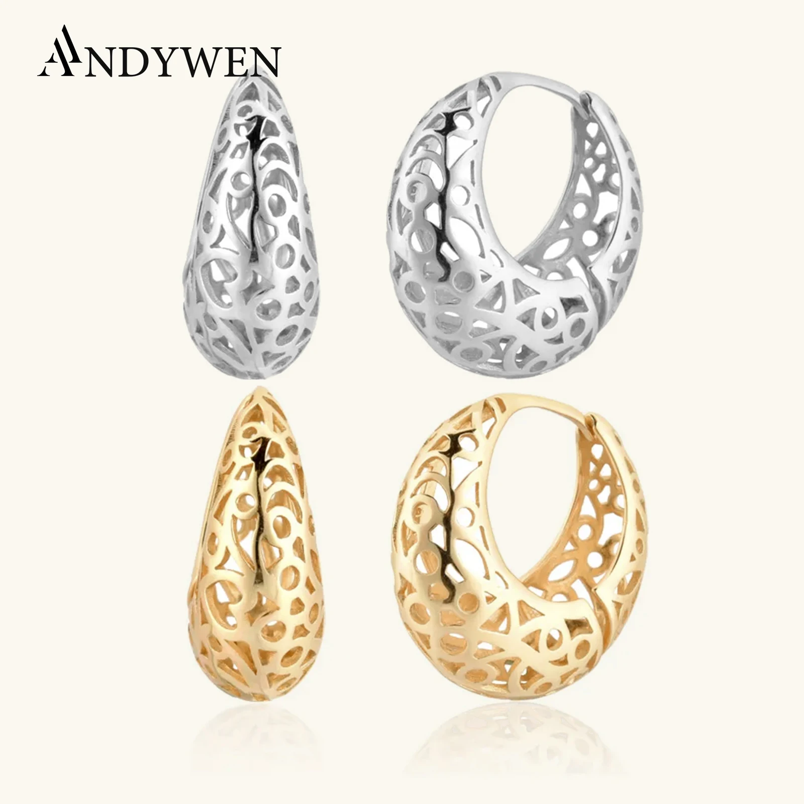 

Серьги-гвоздики ANDYWEN, серебристые, золотистые, ажурные, серьги-клипсы в стиле рок, панк, свадебный подарок, роскошные круглые петли Вечерние