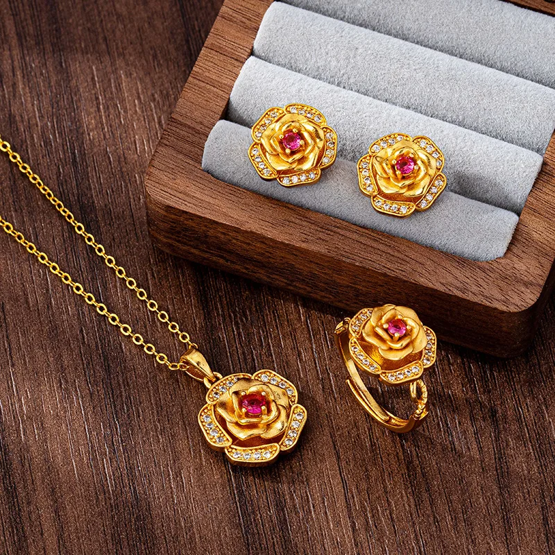 

Роскошные женские вращающиеся серьги с подвеской в виде розы из чистого золота 24 карата 9999 пробы, комплект колец