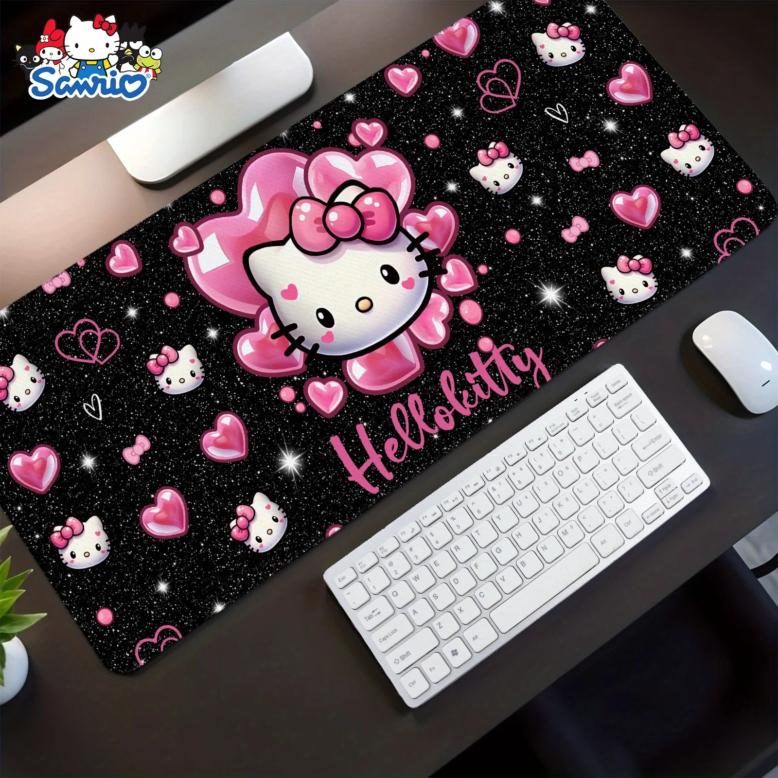

For Hello Kitty Large Gaming Mouse Pad with Sparkling Hearts And Bow Design - Ergonomic, Non-Slip Rubber Base, Officially Licens