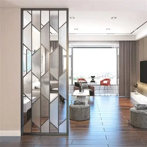 Modern Design Stainless Steel Metal Screen Partition Decorative Room Separator Divider with Glass for House & Office Interior
