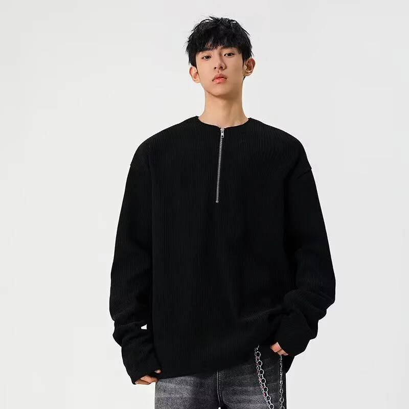 تي شيرت رجالي كاجوال بنصف سحاب وأكمام طويلة من العلامة التجارية الأمريكية الرجعية #3