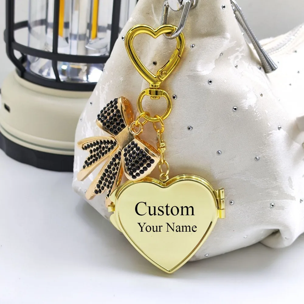 

Fashion Boutique Keychain Heart Shaped Mirror With Diamond Bow And Diamond Studded Keyring Bag Ornament Custom Double Sided