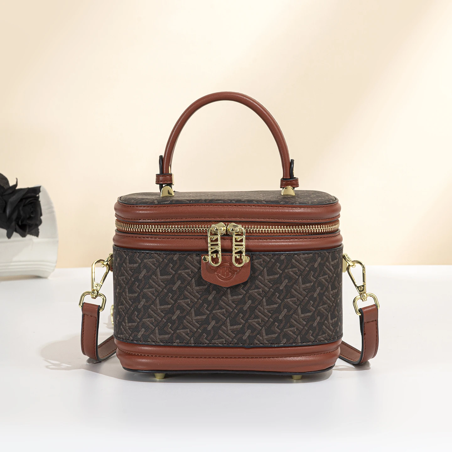 Classic Monogram Print Vanity Bag For Women Vintage Cylinder Box Purse With Top Handle Trendy Double Zipper Crossbody Handbag