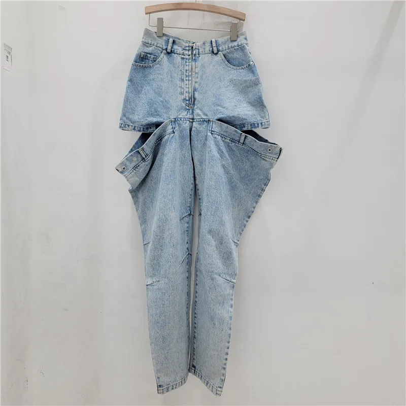 SuperAen Summer 2024 Deconstructed Washed Jeans Trouser Leg Notched Irregular High Waist Pants Patchwork Jeans