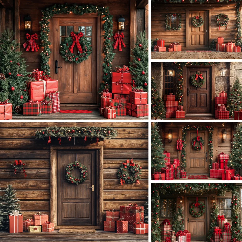 

Christmas Front Door Background Photography Xmas Tree Wreath Wooden Door Gift Retro Backdrop Winter Kid Photo Studio