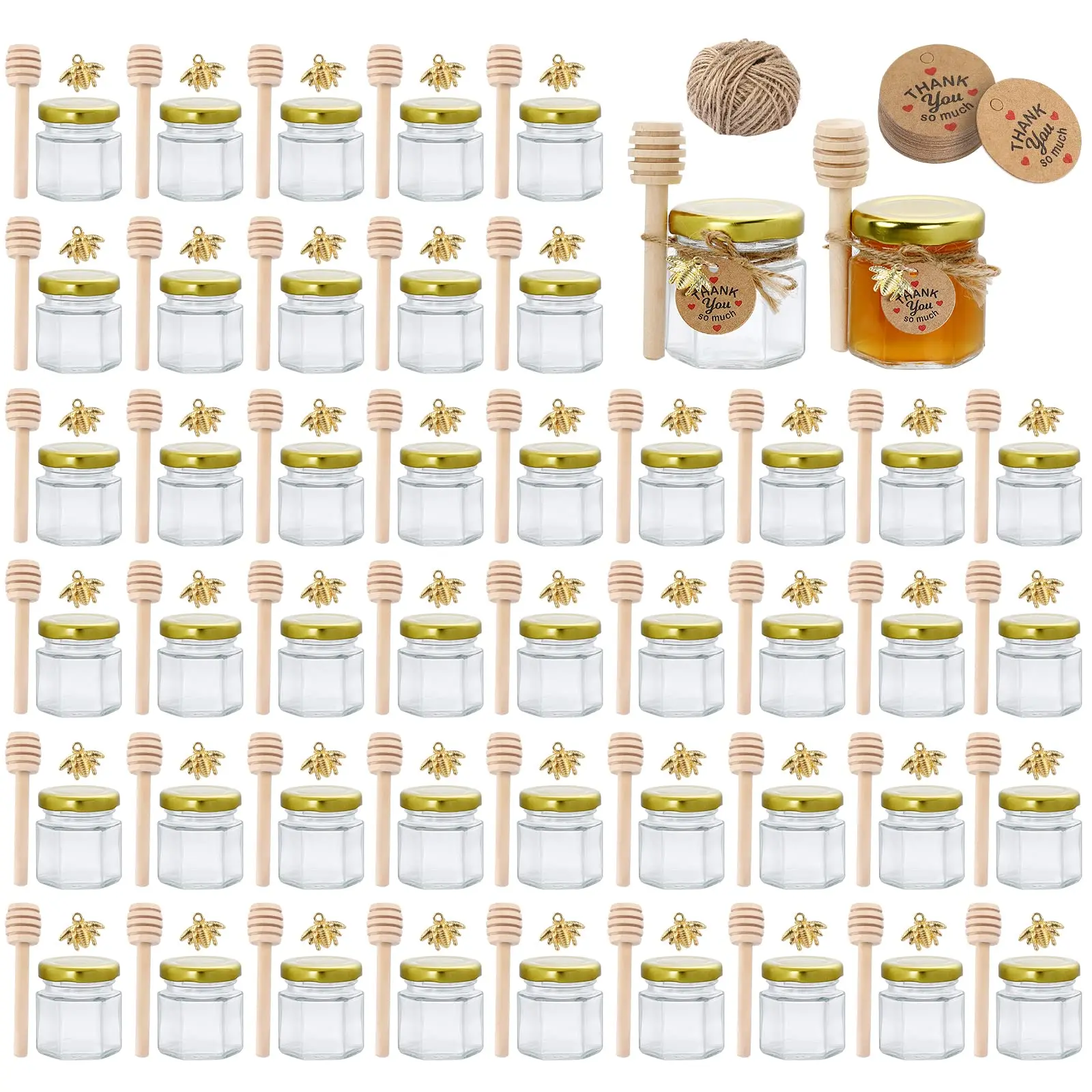 Hexagon mini honey jars with gold lids, wooden dippers, bee charms, and jute twine. Perfect for baby showers, 60-pack.