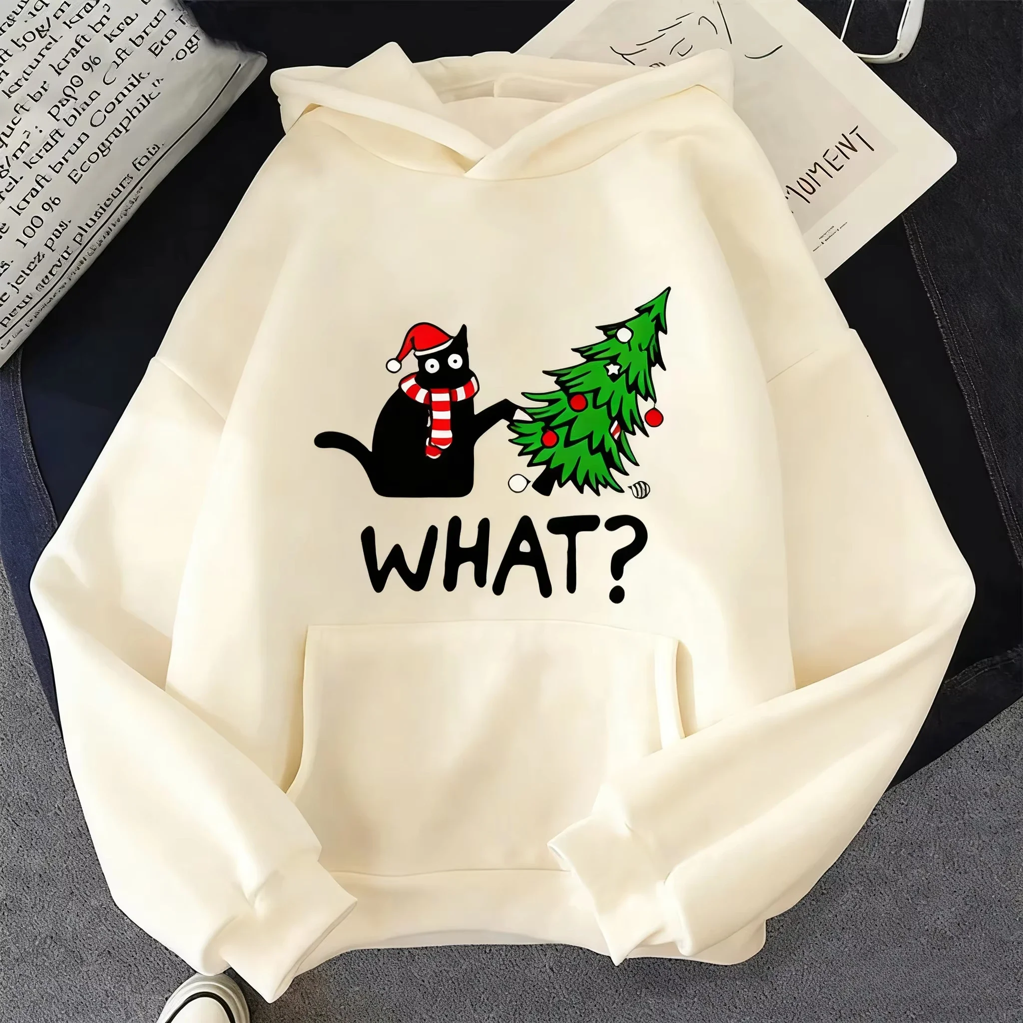 Autumn New Christmas Hoodie Cat&Christmas Tree Graphic Printed Winter Hoodie Women Fashion Casual Sweatshirts Pullovers New Year