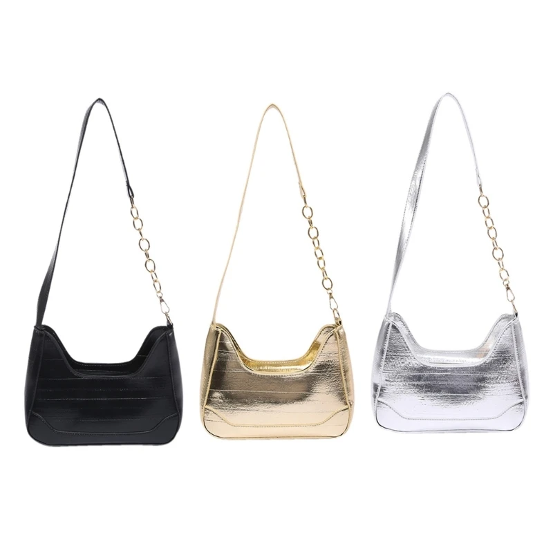 E74B Trendy Solid Color Underarm Handbag with Chain Strap PU Leather Casual Zippered Shoulder Bag for Womens Daily Fashion