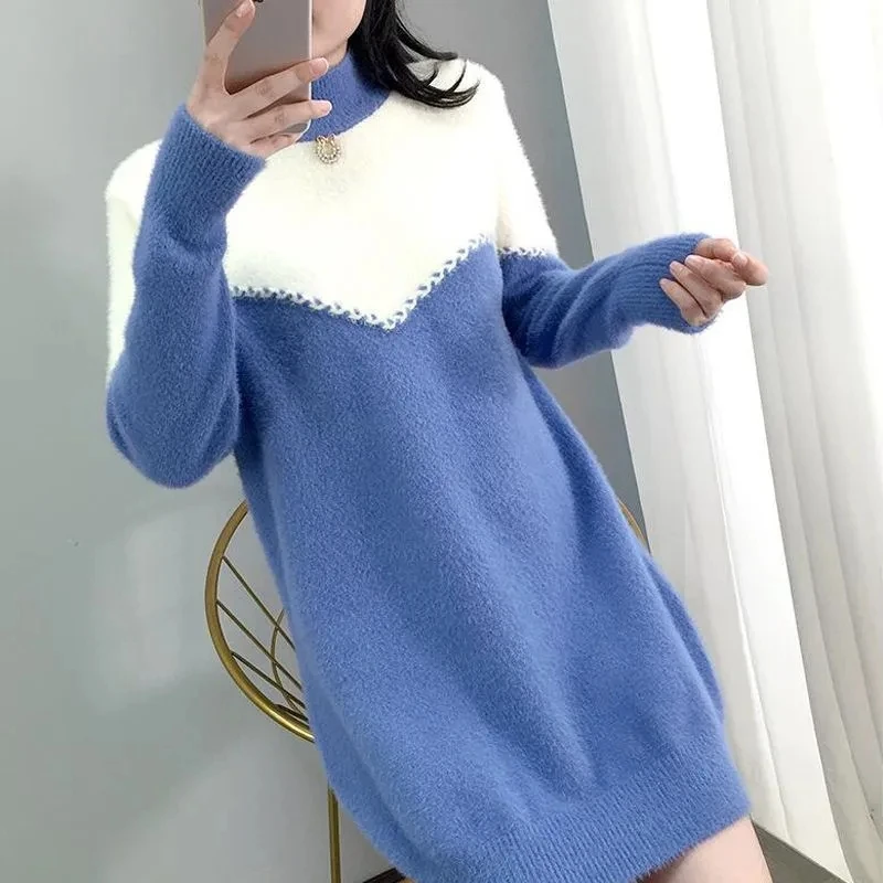 

Half-High Neck Imitation Mink Velvet Sweater Women's Outside Wear Autumn Winter New Korean Long Warm Knit Bottoming Shirt Dress