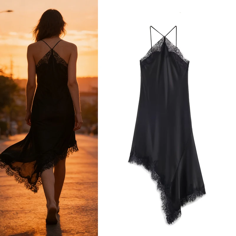 Elegant Black Satin Lace Trim Asymmetric Cami Dress for Women - Evening Party Cocktail Dress