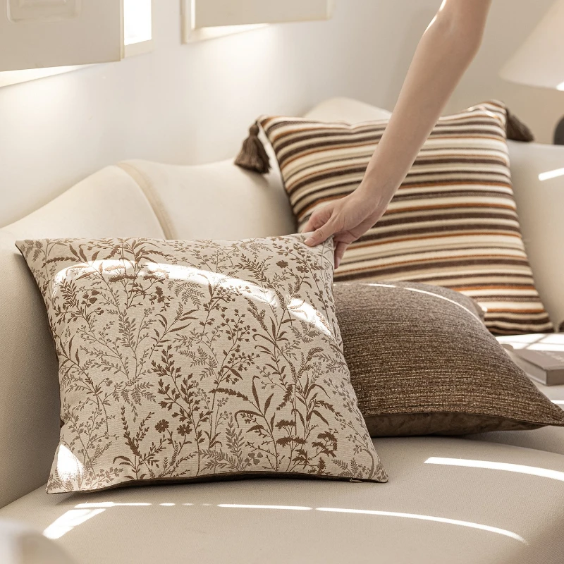 45x45CM French Brown Throw Pillow Cover Tassel Stripe Stamping Waist Cushion Cover Decor Home Decorative Pillowcase