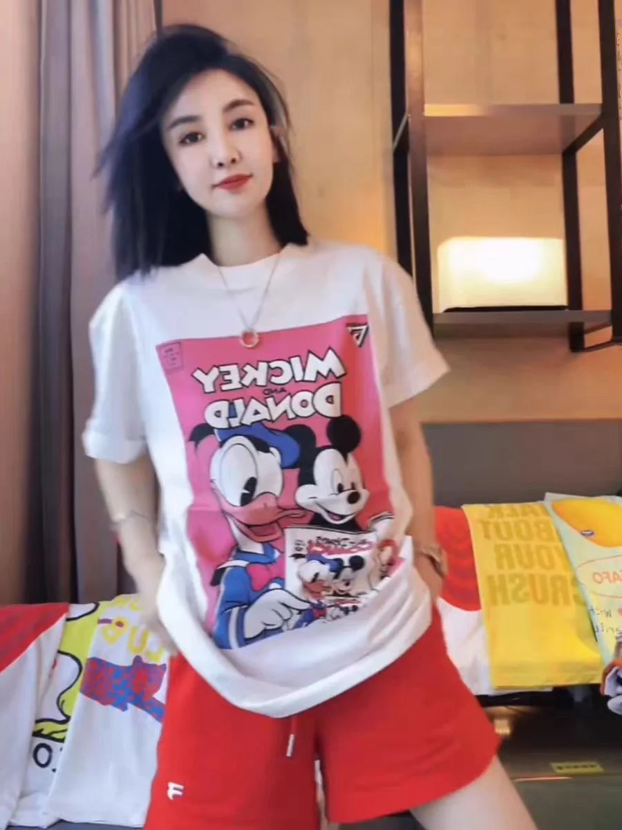 

Fashionable Slimming Summer Cartoon Short Sleeve Shorts Set Women's Stylish Versatile High-End Feeling Two-Piece Ensemble