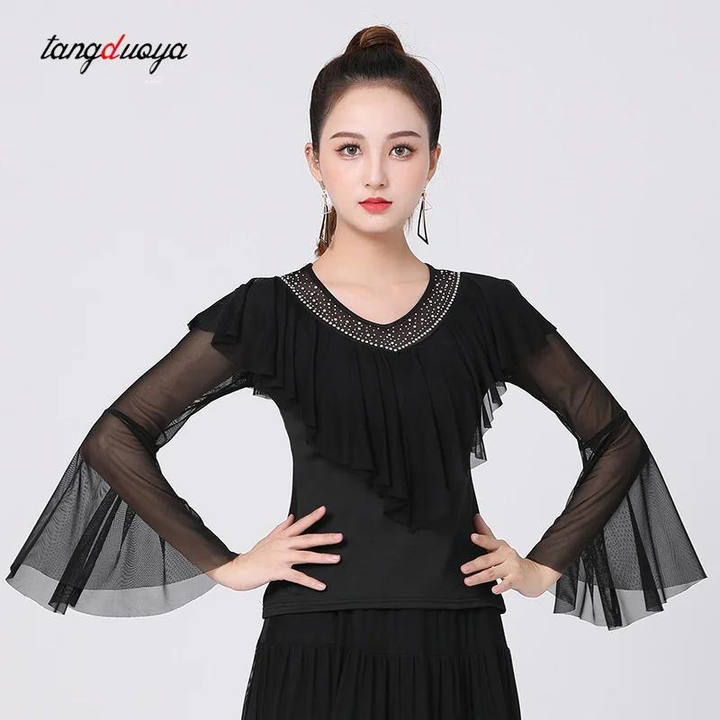 Women's Long-Sleeved Dance Top Flared Long Sleeve Ruffled Solid Color Diamond Polished Lace V-Neck Latin Ballroom Dress