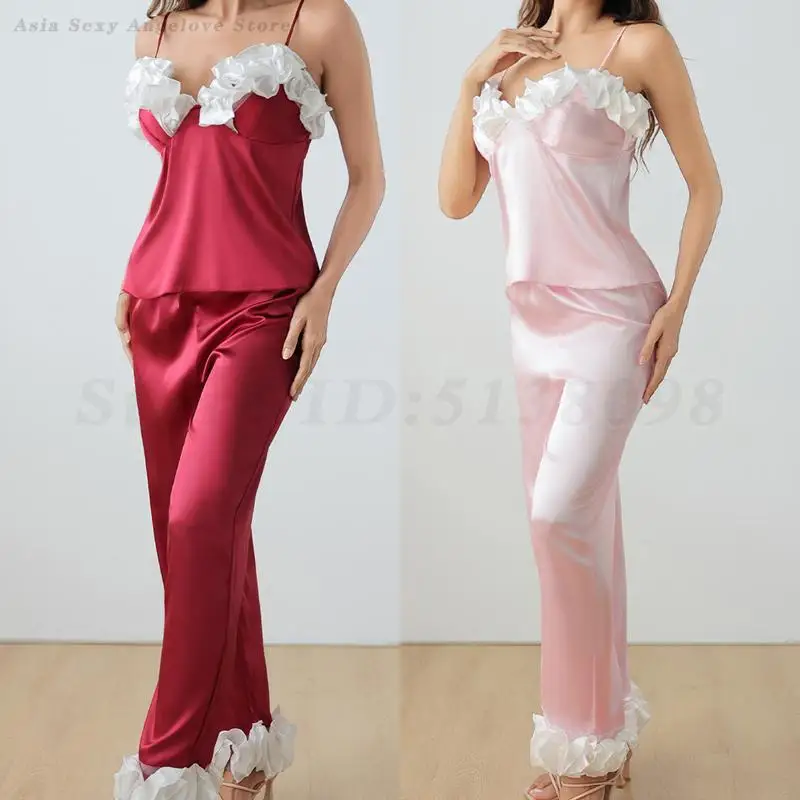 

Summer New Pajamas Set Women Sleepwear Sexy Lace Trim Suspender Top&Trouser Suits Loungewear Loose Casual Satin Pyjama Home Wear