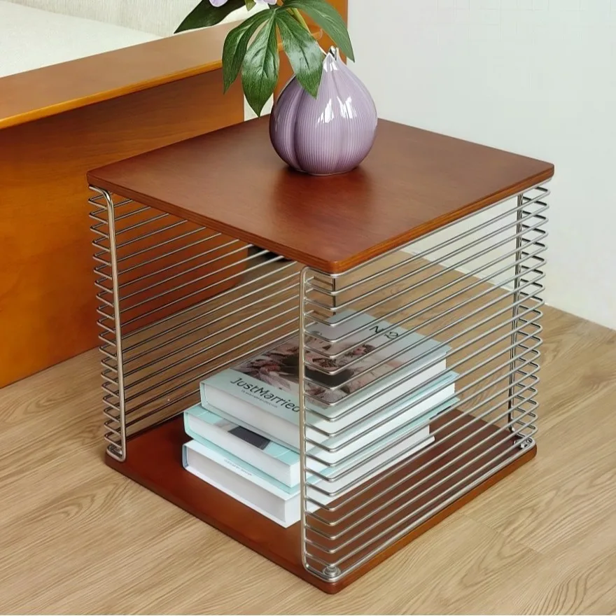 

Modular Nordic Metal Shelf Stainless Steel Edge Table Coffee Table Movable Solid Wood Sofa Storage Light Luxury
