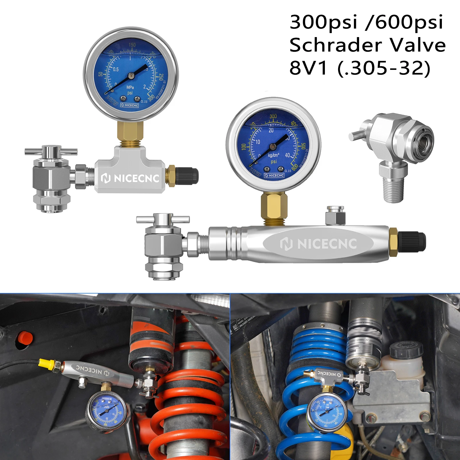 

UTV Shock Nitrogen Filling Tool Regulator for Yamaha Polaris CanAm Honda Suzuki Kawasaki Schrader Valve .305-32 8V1 300/600psi