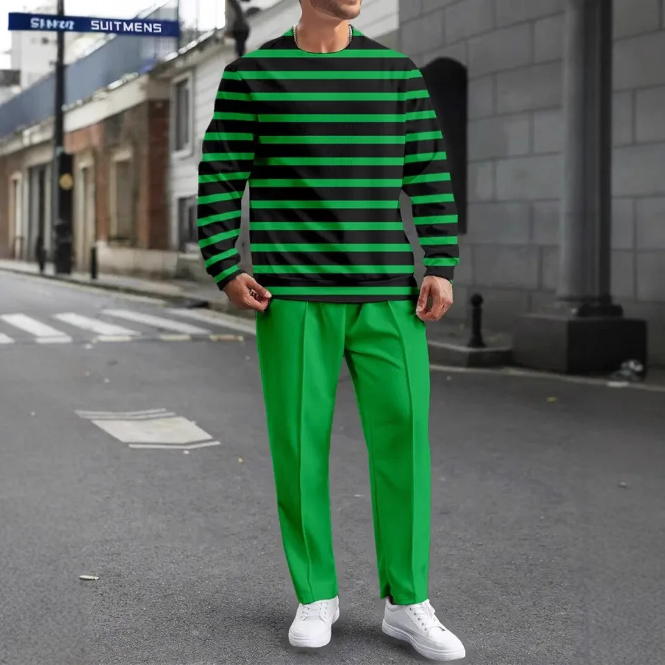 2025 Mens Casual Trendy Tracksuit - Long Sleeve Pants Crewneck for Jogging Cross-Border