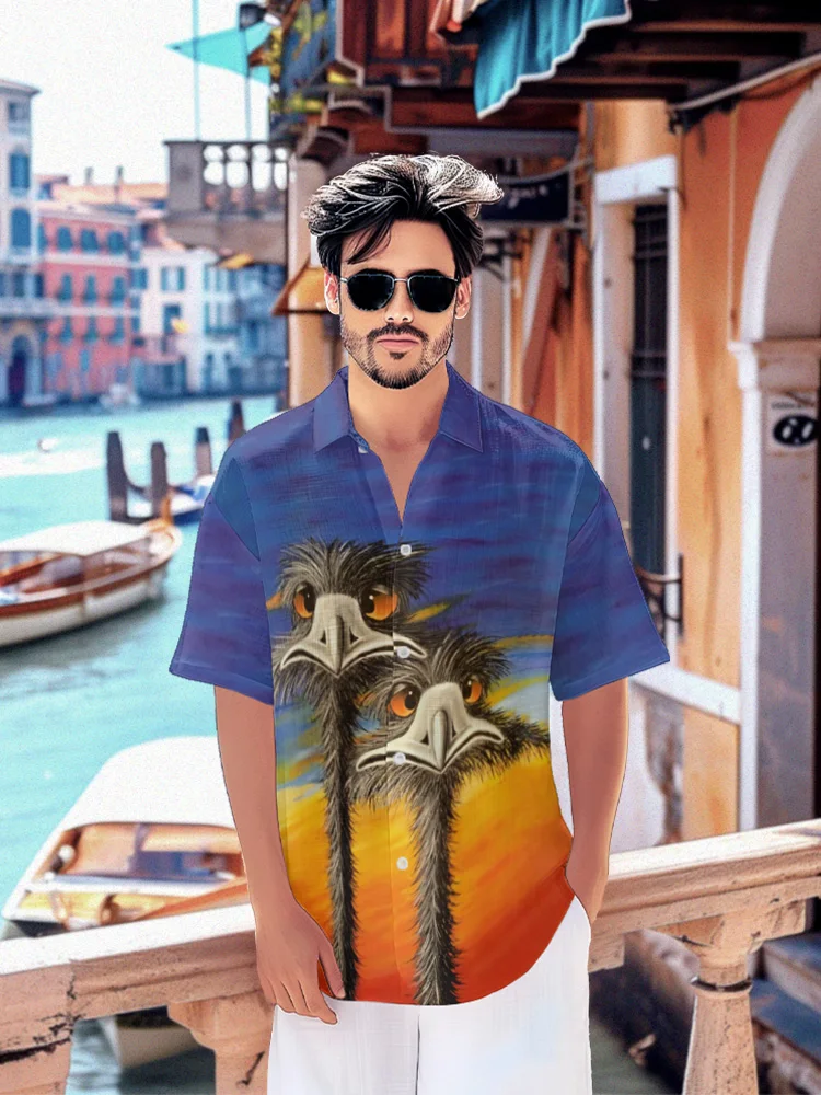 Summer Hawaiian Shirt Fashion Ostrich Print Tops Beach Fashion Men Shirt Party Streetwear Shirts Short Sleeve Male Clothes