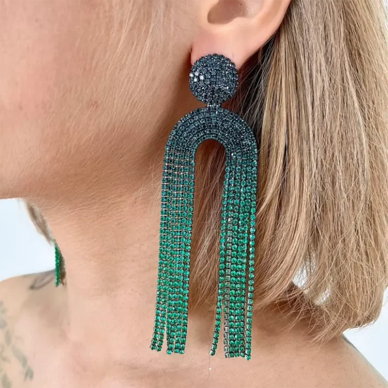 Luxury Rhinestone Green U-shaped Geometric Long Tassel Earrings Party Wedding Exquisite Jewelry For Women