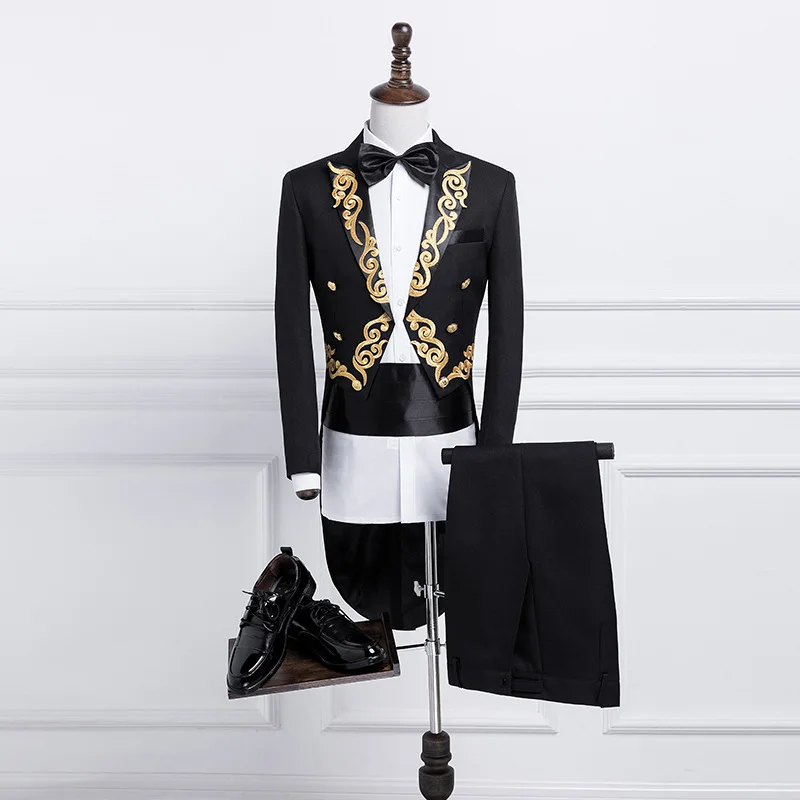 

KIDWHXR Suit Set Man Embroidery Turn Down Collar Tailcoat Male Straight-leg Pant Men British Style Slim Stage 2-piece Outfit
