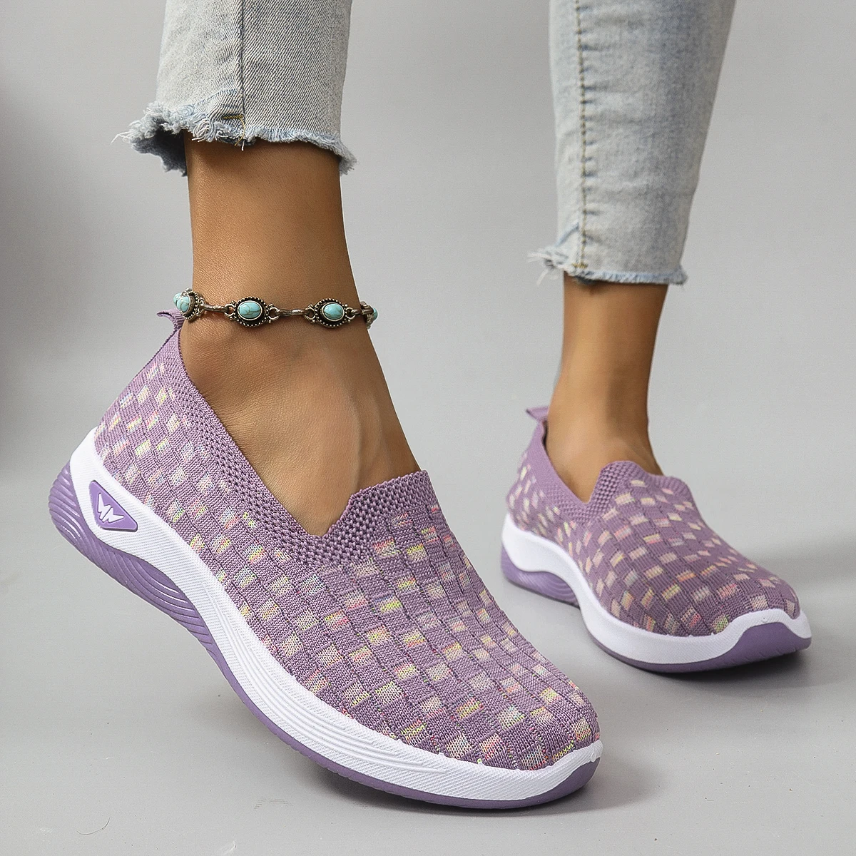 Frühling und Herbst neues Produkt: Frauen einfache quadratische Gitter farbe blockiert faule Schuhe für einen Schritt Entspannung