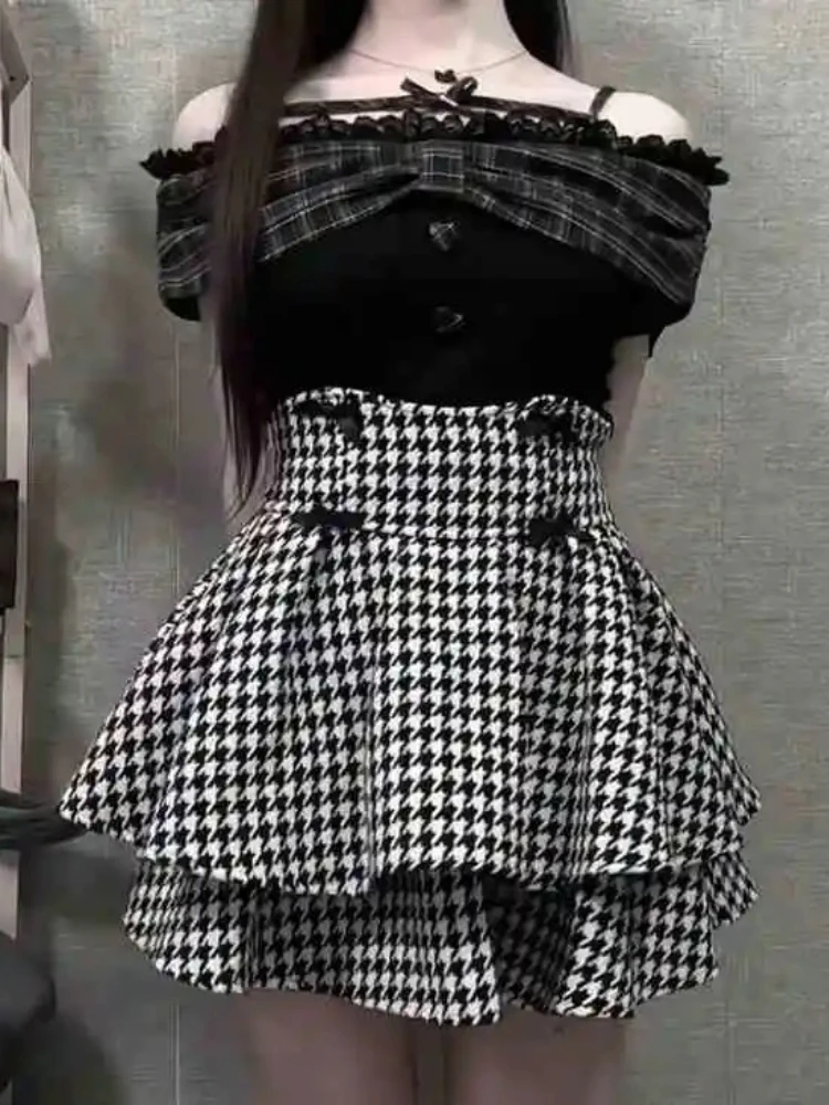 Subculture Gothic Vintage Lolita Style 2 Piece Set Women Elegant Sweet Bow Off Shoulder Top High Waist Mini Skirt Y2k Outfits
