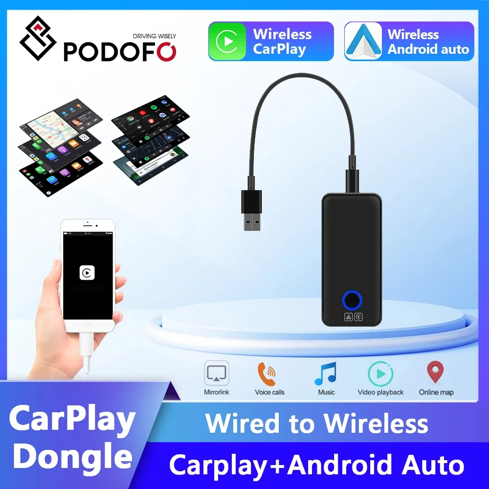 Podofo USB CarPlay Dongle Wired CarPlay to Wireless CarPlay Android Auto Adapter For VW Nissan Toyota Ford Audi Benz Kia Fiat