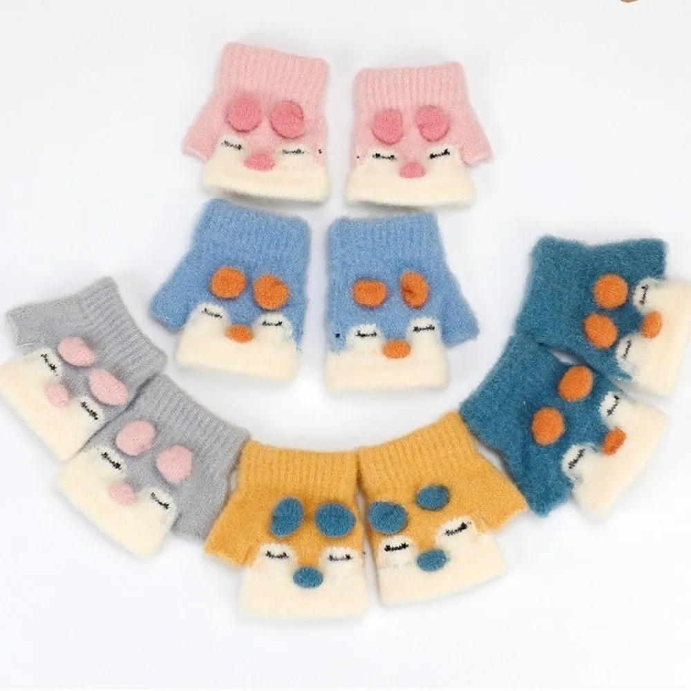 New Cute Cartoon Children's Gloves Cold Proof Windproof Fingerless Mitten Knitted Warm Gloves Autumn Winter
