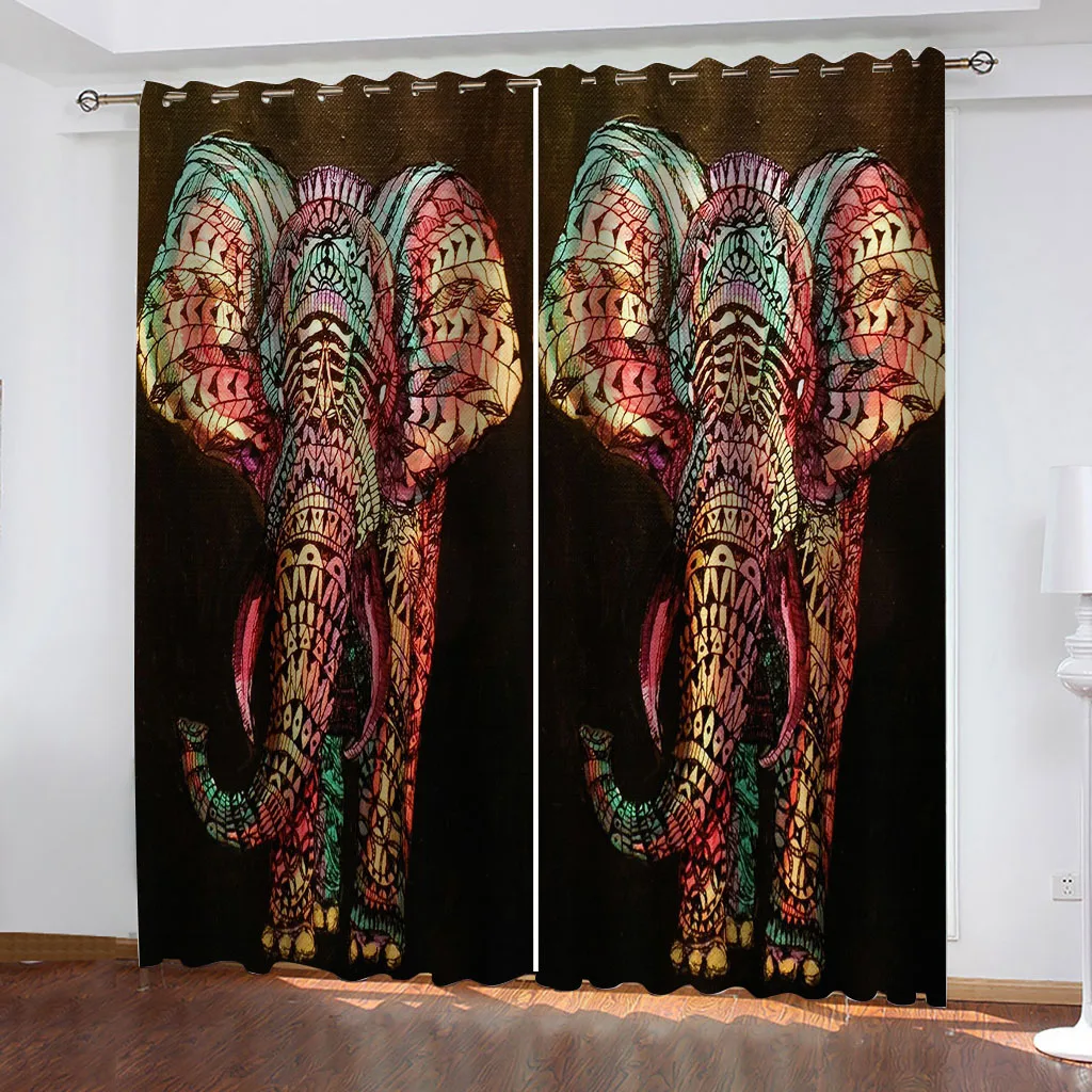 

HUANZHUANG Living Room Curtains Long 2 Panels Abstract Colourful Elephant Black Out Curtains Long Thermal Insulated Blackout