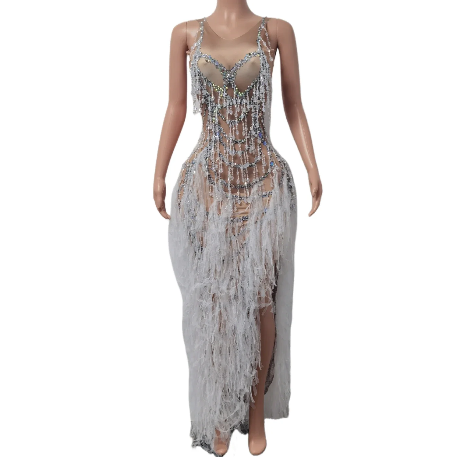 Women Singer Prom Birthday Celebration Party Dresses High Split Long Dress Evening Party Crystal Dresses Pearl Tassel Mesh Dress