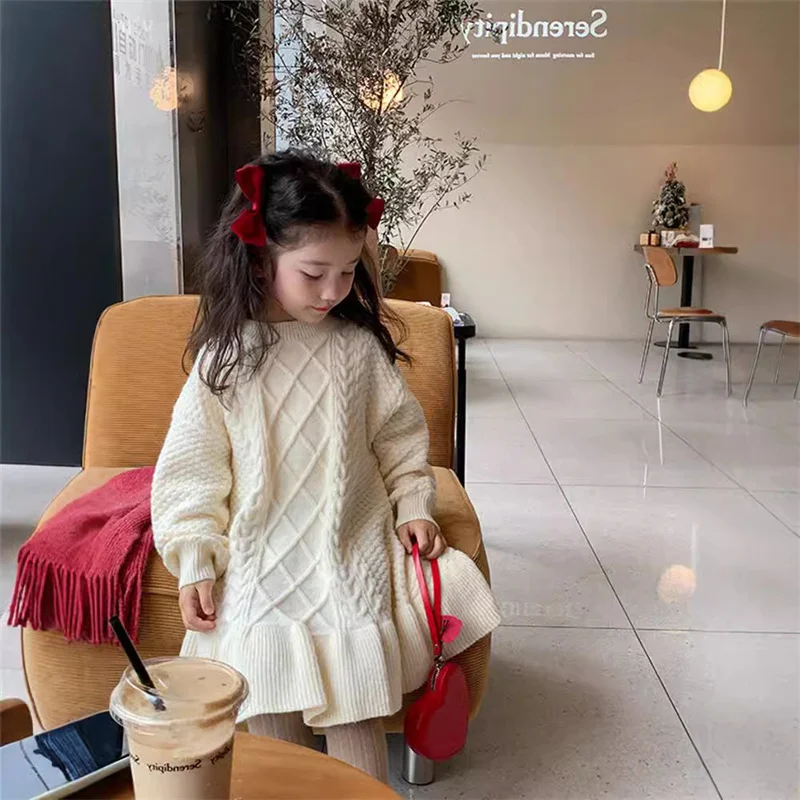 Girls Thicken Knitted Dress Children Autumn Winter Warm Gown Princess Sweaters Vestidos 2024 New Kids Fashion Clothing 2-8Y