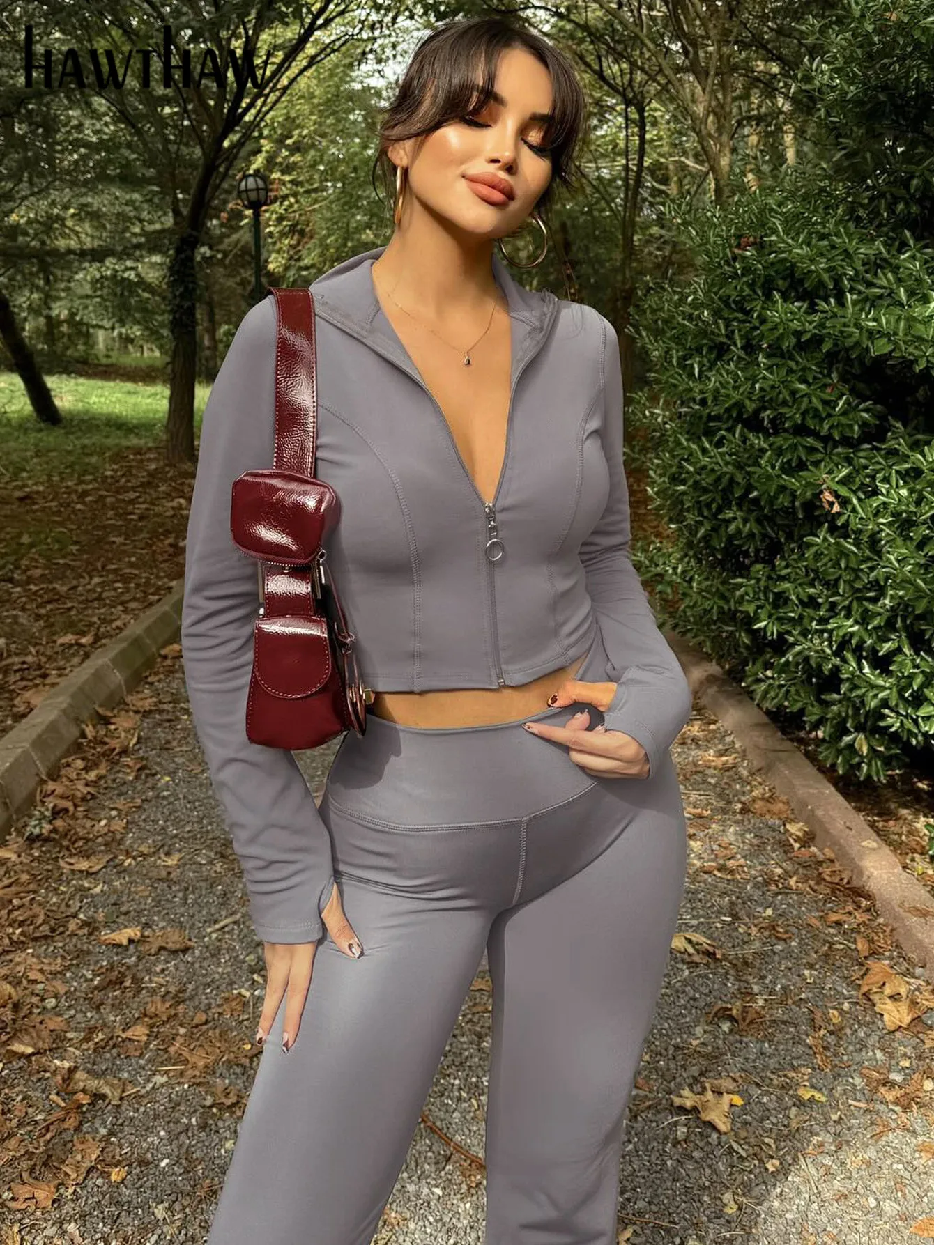 Hawthaw Women 2024 Spring Autumn Long Sleeve Crop Tops Long Pants Two Piece Sets Outfit Tracksuit Wholesale Items For Business