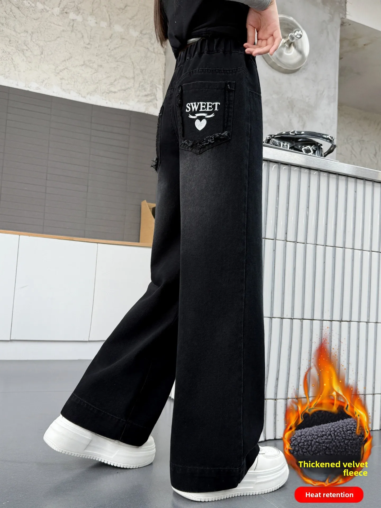 

Thiened Fce Autumn Winter Denim Pants for Girls Wide Leg Anti Dirt Velvet Jeans Korean Sle l Waist