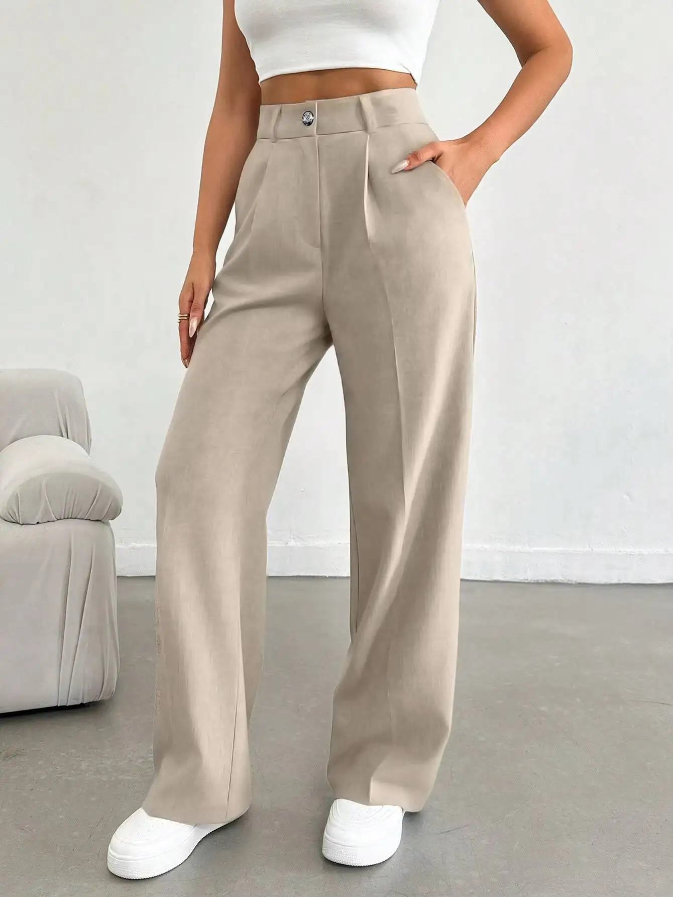 Pantalones de Pierna Ancha para Mujer, Primavera-Verano, Casuales, Cómodos, Holgados, de Cintura Alta, para Oficina, Traje, Ligeros, Color Beige