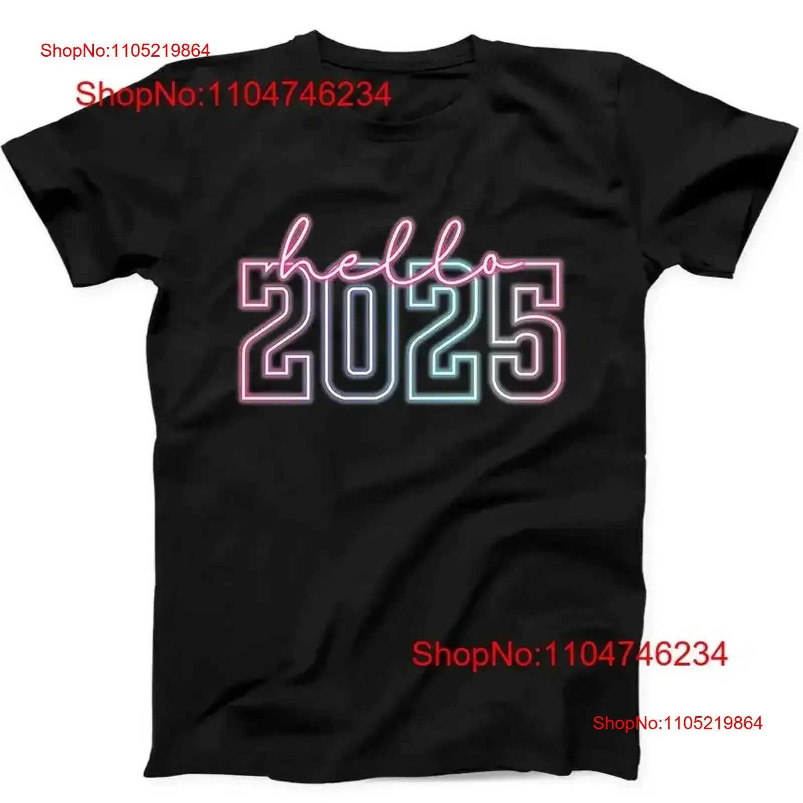 النيون السنة الجديدة مرحبا 2025 عيد الميلاد مضحك تي شيرت أسود 292 خمر غسلها تنوعا لينة موضة امتدت تنفس خمر