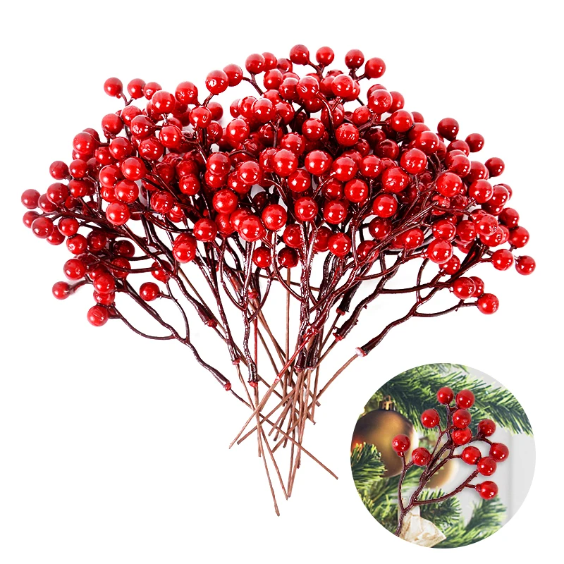 

5pcs Christmas Berries Artificial Red Berry Branches Cherry Stamen For Home Xmas New Year Gift Wedding DIY Flower Wreath Decor